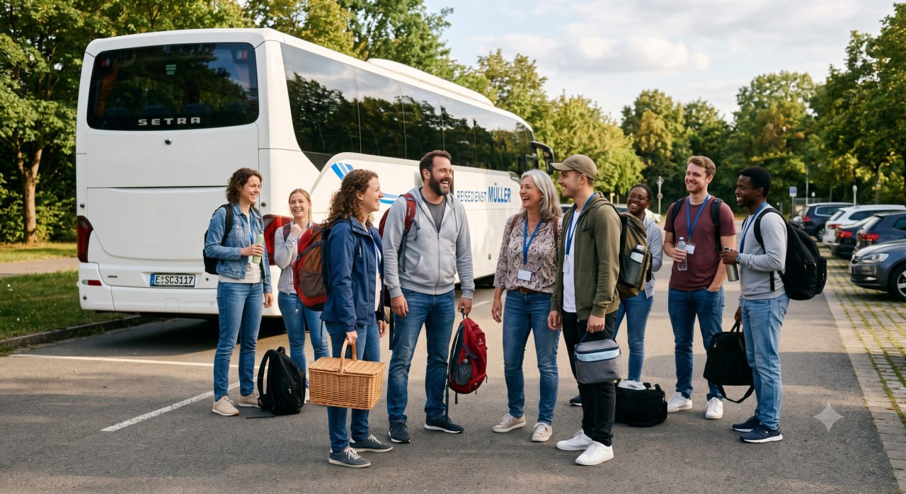 Teamgruppe bei einem Betriebsausflug am Reisebus