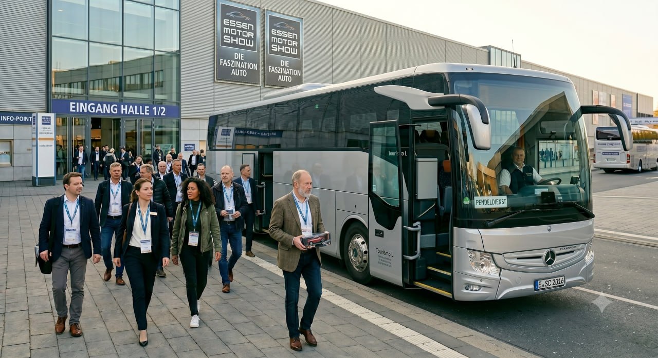 Messebesucher und Shuttlebus am Messegelaende