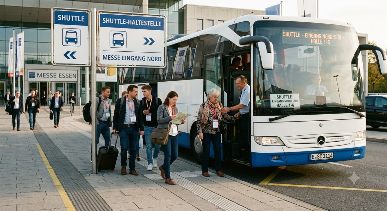 Shuttlebus an einer Messe-Haltestelle