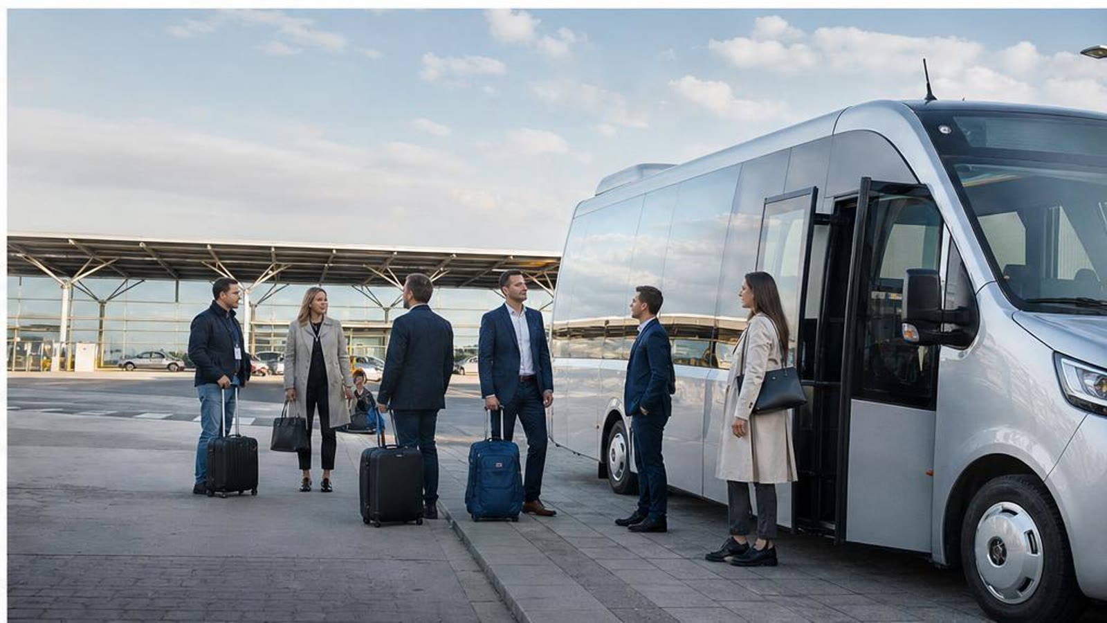 Flughafentransfer mit Reisegruppe, Gepaeck und Bus